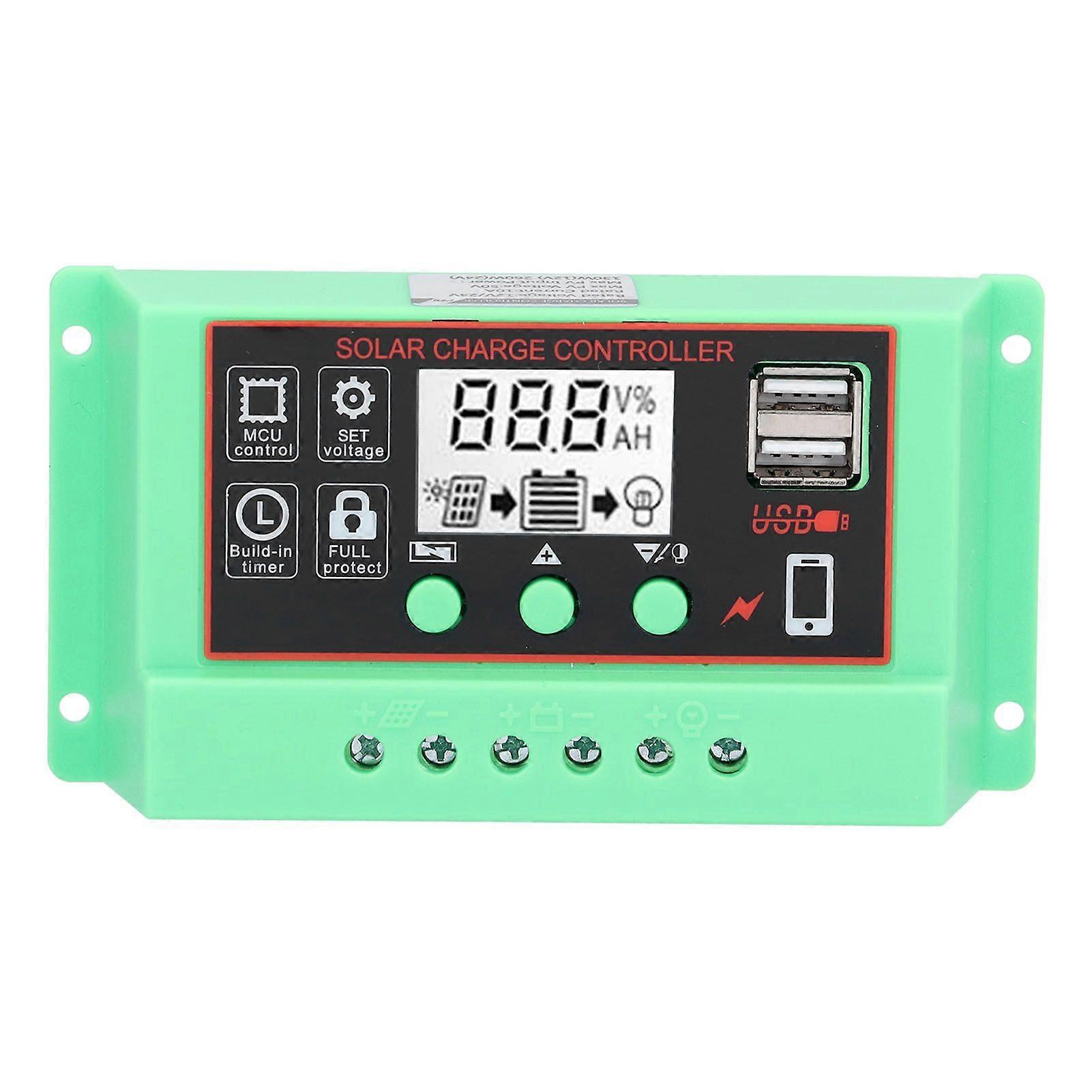 Solar Charge Controller 12V/24V Solar Controller LCD Display USB Interface Overload ProtectionGreen Shell Black Surface