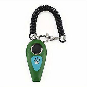 Clicker e apito 2 em 1 para treinamento de cães, feito de plástico resistente com cordão espiral e clipe de metal, para correção de comportamento e reforço positivo.