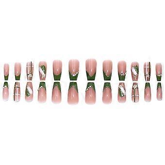 24Pcs Summer Green Press On Square Head Fake Nails With Glue Pink Glossy Artificial Finger Manicure Removable False Nails