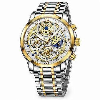 Men's Quartz Watch Two-Tone Gold Silver Steel Bracelet White Dial Multifunction Waterproof Luminous Casual Business JY