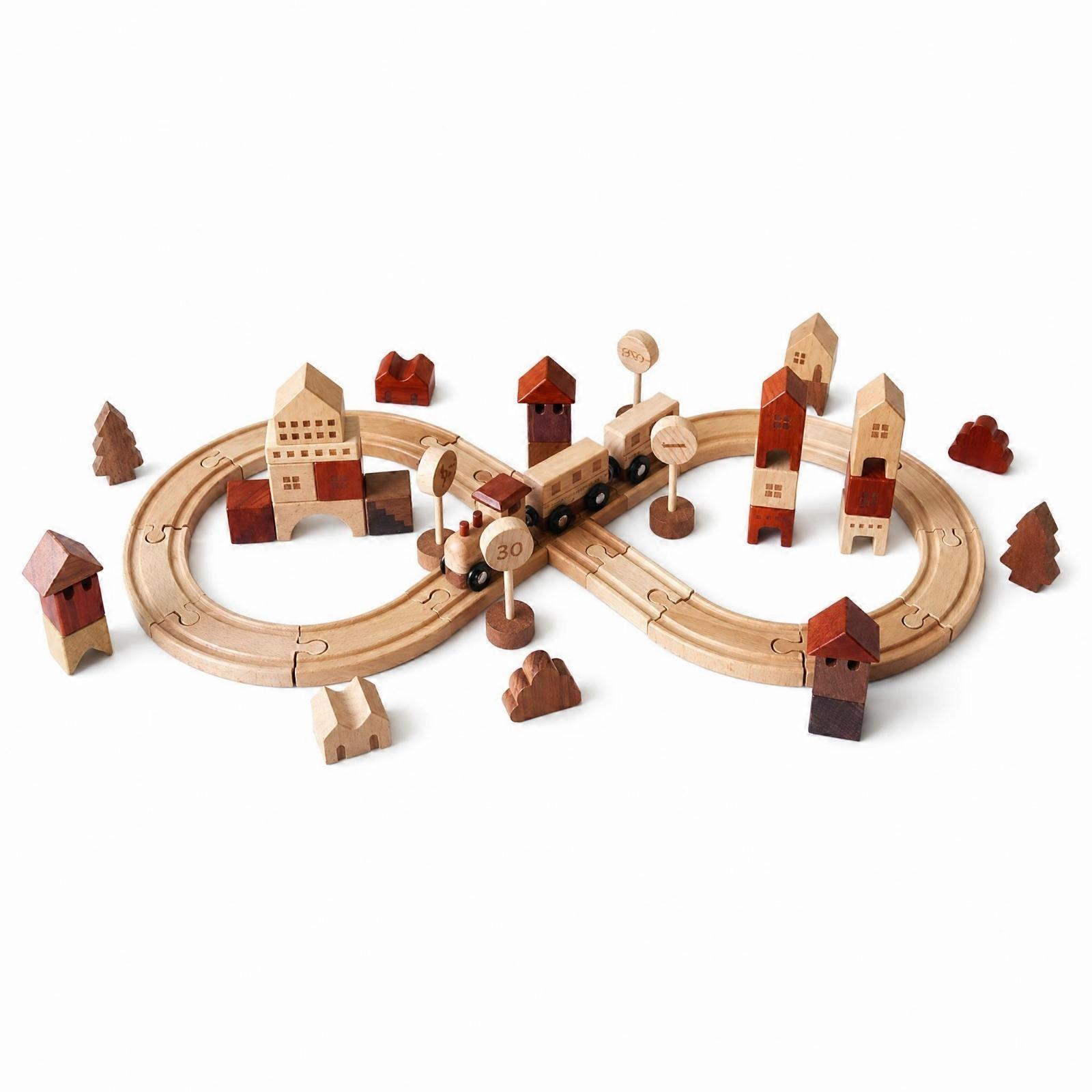 Wooden Rail-Building Toy Interlocking Tracks Tabletop Train Track Set