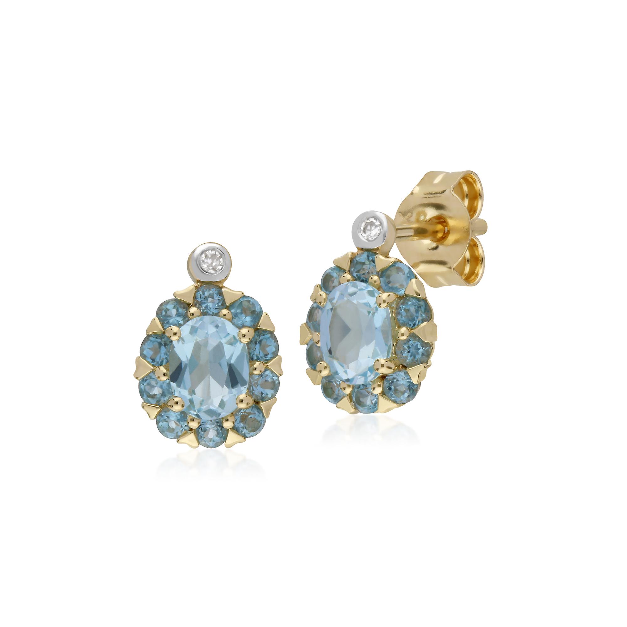 Cluster Round Blue Topaz & Diamond Oval Stud Earrings in 9ct Yellow Gold 135E1572059