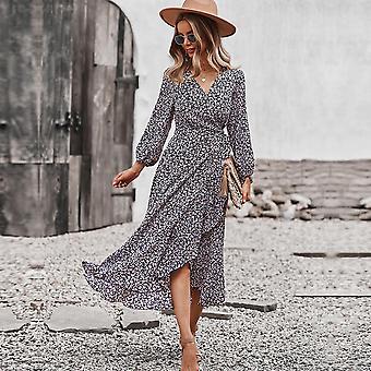 Summer Fall Floral Print Long Dress Women Casual A-line V Neck Full Sleeve  Hight Waist Bandage S-xl | Fruugo UK