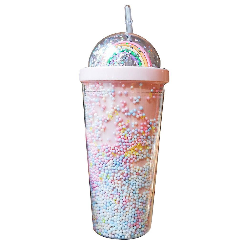 550ml Rainbow Plastic Water Bottle Double Layer Sequins Drinking Cup with Straw