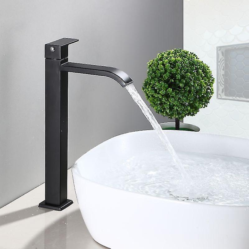 Black Waterfall Faucet With Tall Spout And Tall Single Hole Lavatory Faucet With Single Lever Copper