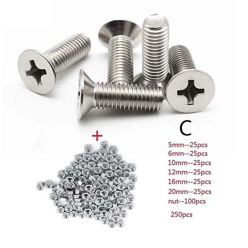 250Pc/set A2 Stainless Steel M3 Cap/button/flat Head Sets Phillips Hex Socket Bolt With Hex Nuts Assortment Kit Mayitr