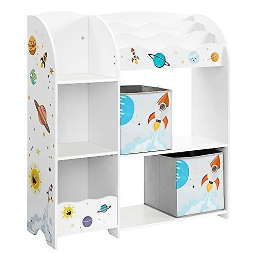 Children's toy organizer with book compartment and fabric boxes