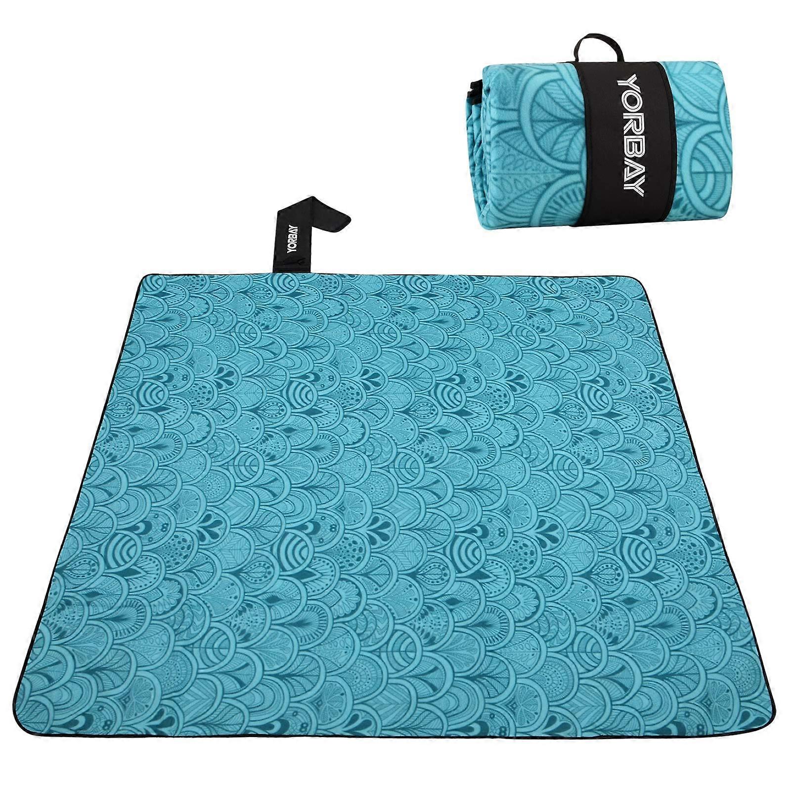 Yorbay Picnic Blanket 200 x 200 cm XXL Fleece Waterproof Blanket with Carry Handle Reusable (Blue Feather)