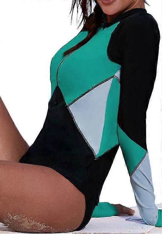 Womens Long Sleeve Swimsuit Color Block Front Zip Beach Wear