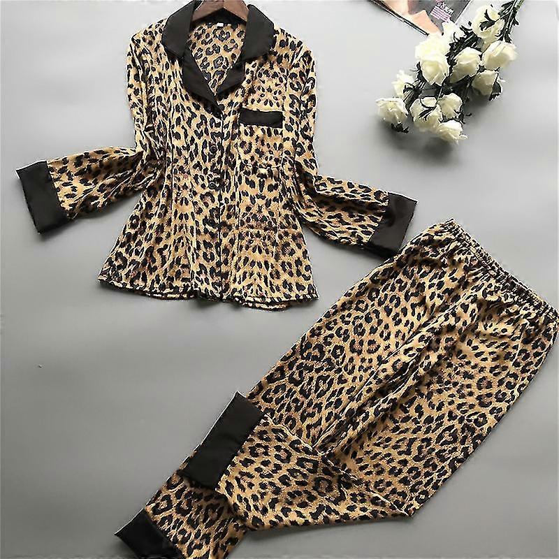 2-piece Set Women Pajamas Sets Sexy Leopard Print Silk Satin Long Sleeve  Pants Sleepwear Set Lounge Suit