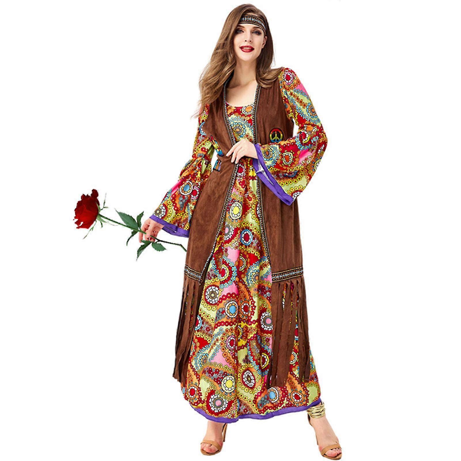 60s 70s Hippie Costume Set com Acessórios Hippie, Roupas Hippie Retrô