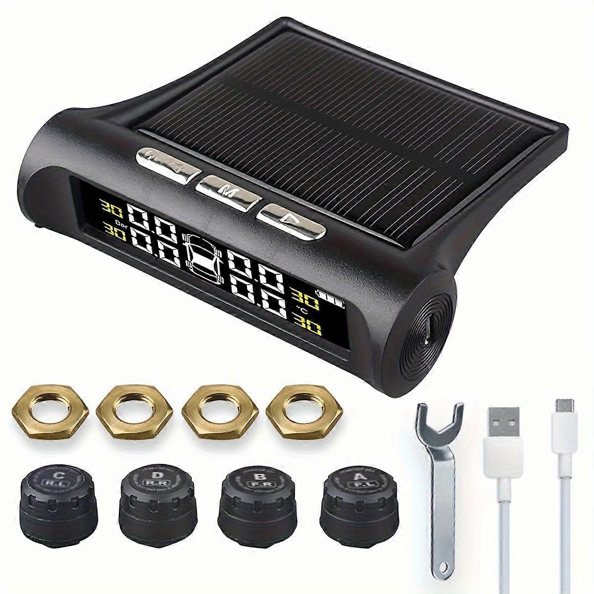 Tire Pressure Monitoring System Solar And USB Charging Wireless TPMS With 4 External Sensors 0-3.5Bar 6 Modes Auto Alarm System Sensor