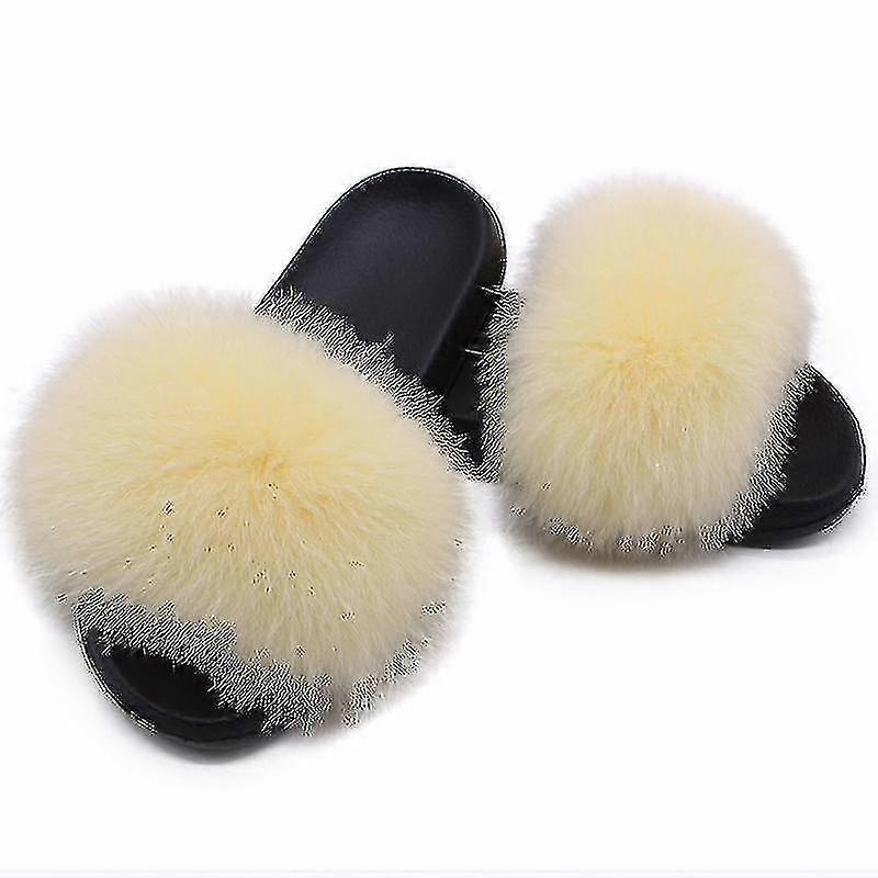 Women's Fox Fur Slides - Comfortable Open Toe Slippers for Indoor and Outdoor Use