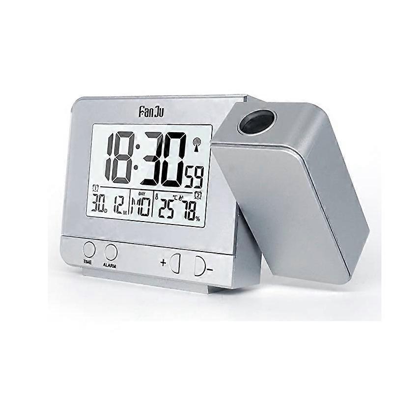 Projection Alarm Clock with Temperature and Time Projection,USB Chargers,Indoor Temperature and Humidity,DCF Automatic Time Adjustment,Silver