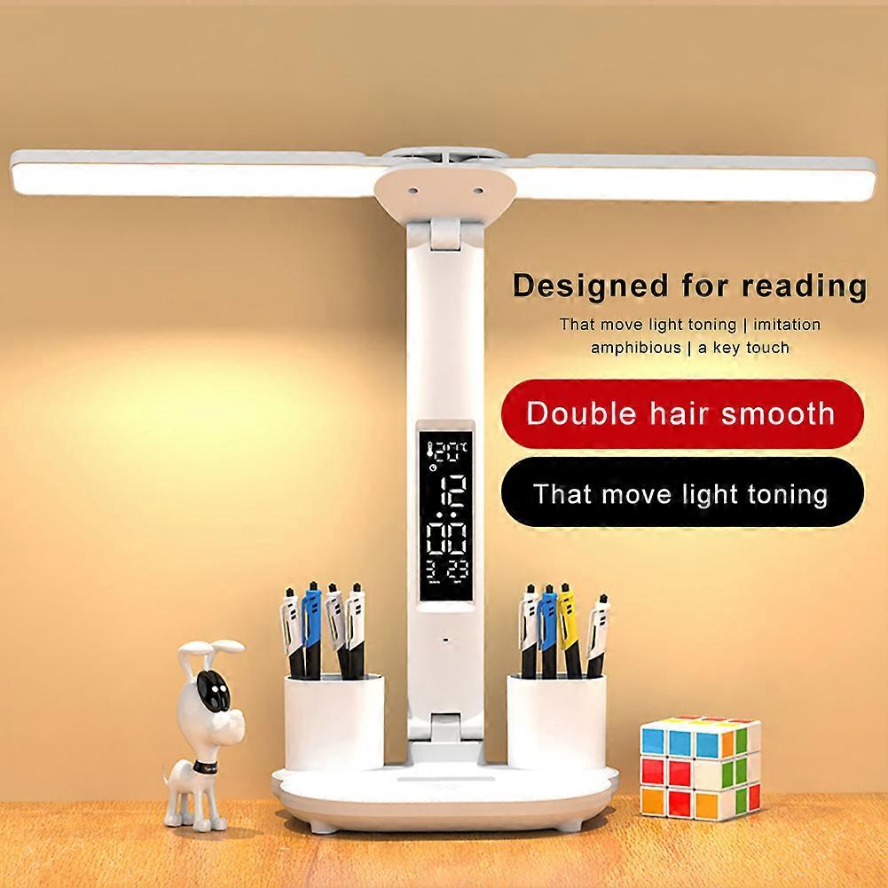 Dimmable Touch Table Lamp, Foldable, Double Head, LED, Eye Protection, Light, Temperature, Time, Date, Pen Holder, Reading, Desk