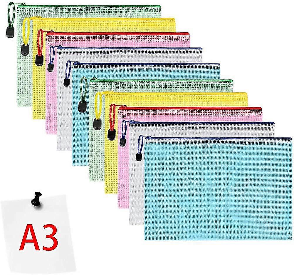 Document Pocket A3, 10 Pieces A3 File Zippered Pockets, Mesh Plastic Zippered