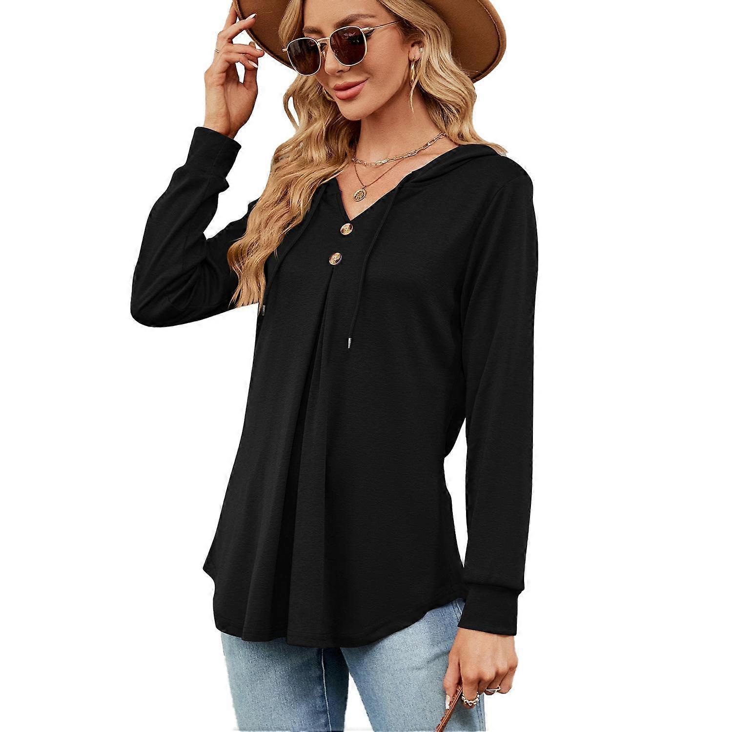 Vår og høst kvinners bluse ensfarget v-hals knapp hette løs langermet genser