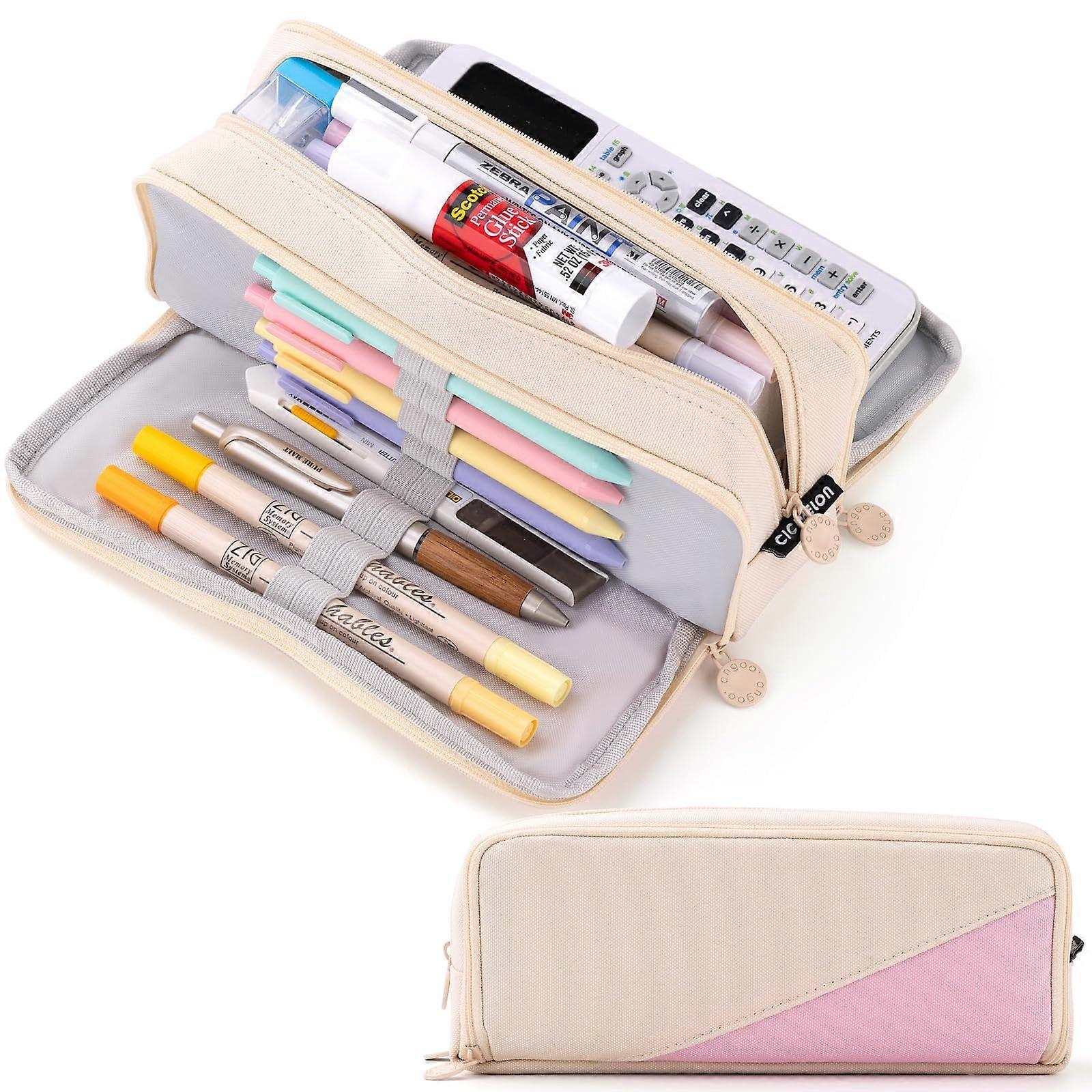3-Compartment Pencil Case with Zippered Pockets - Expandable Organizer for Pens, USB Drives, and Stamps, Durable Fabric, Compact Design