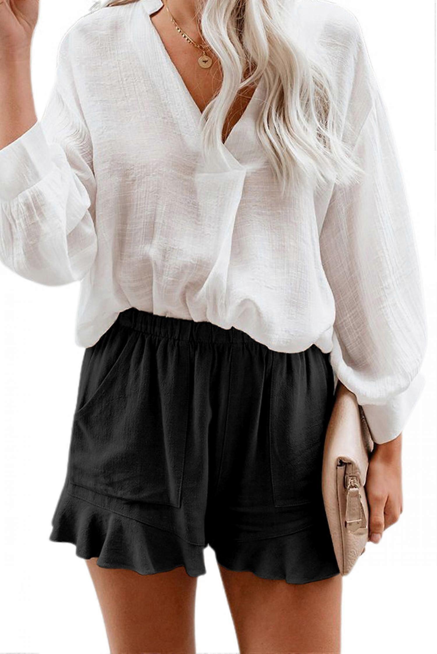 בגדי ריקוד נשים מכנסיים קצרים קיץ מזדמן נוח מותן גבוה קפלים מכנסיים קצרים עם כיסים --- שחור מידה 2XL