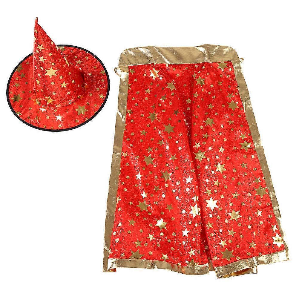 Little Girl Witch Wizard Cloak Hat Set Shiny Star Pattern Suitable for Halloween Role Playing