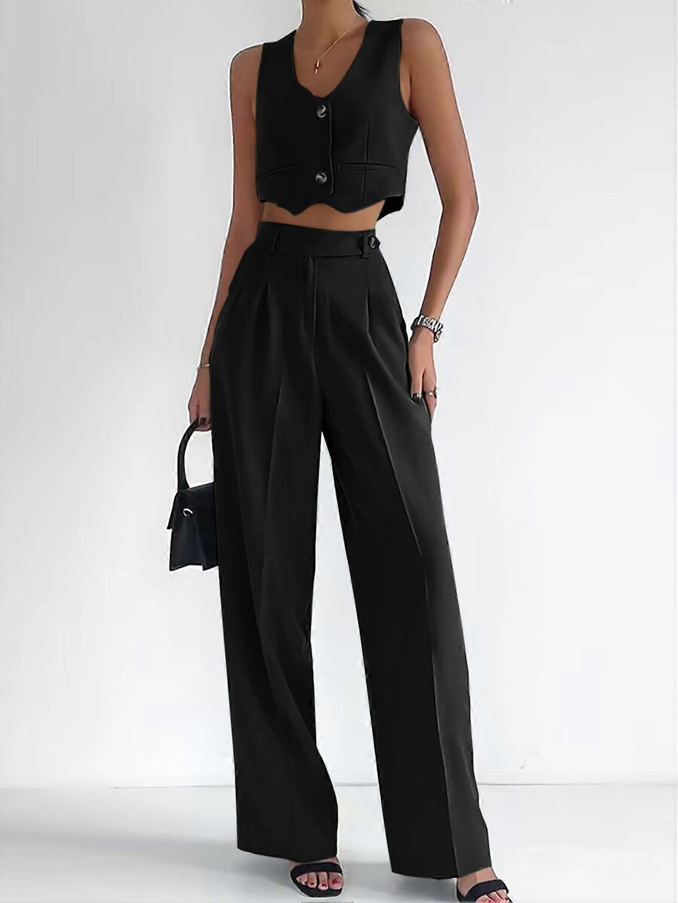 None Sleeveless Polyester Other Women V-Neck Summer Business Regular Solid Cropped Pants