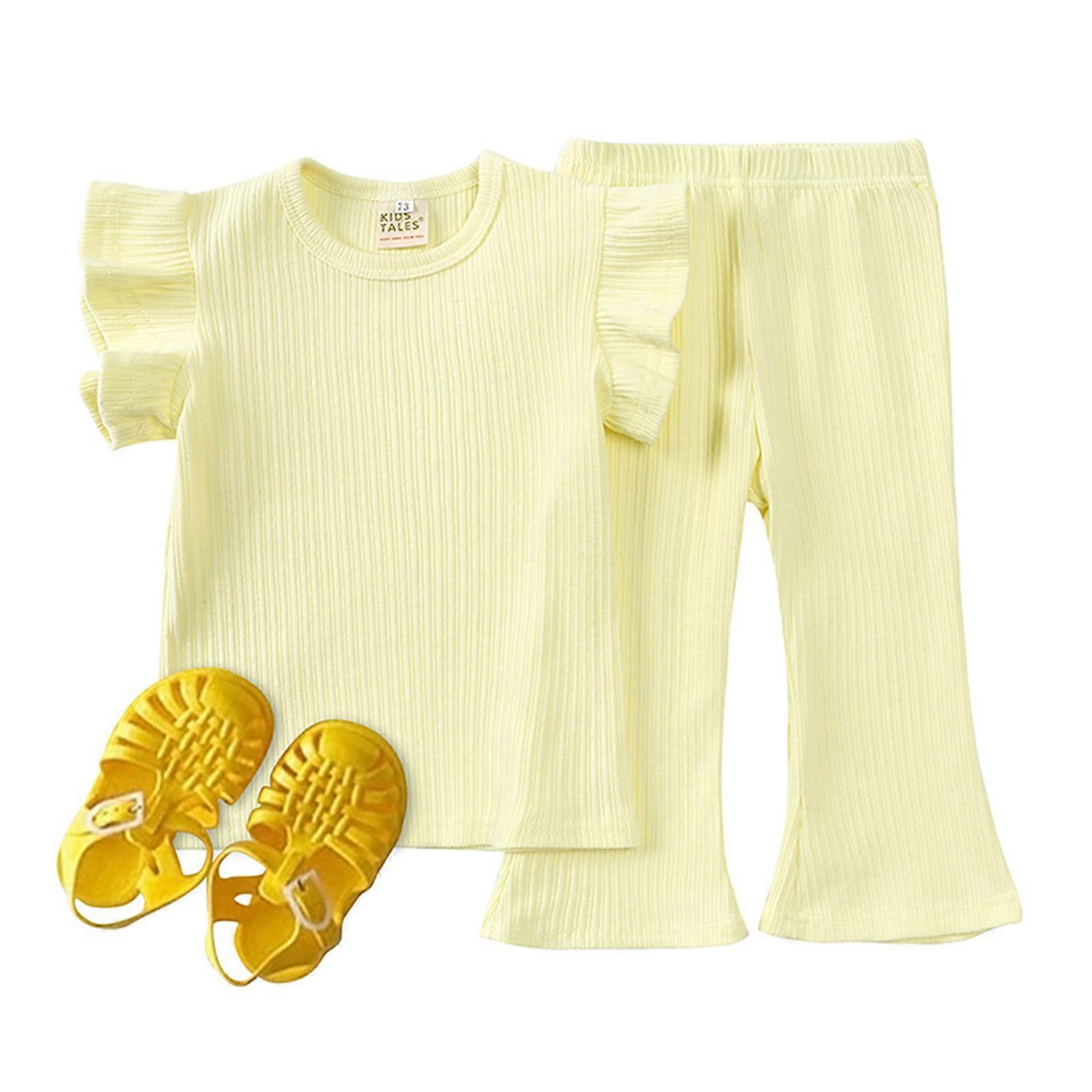 子供服セット夏カジュアル無地半袖キッズガールズTシャツベルボトムパンツ付き2pcs衣類スーツイエロー90