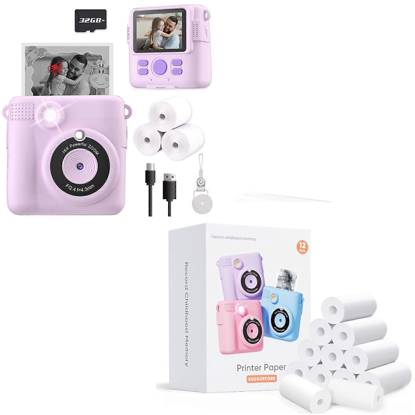 Purple Instant Print Camera With 12 Rolls Print Paper Portable Compact Instant Photo Printer