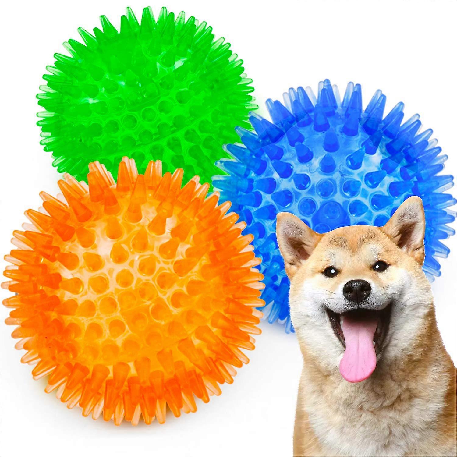 Squeaky Balls for Dogs Small, Rubber Fetch Balls 3 Pack, Bright TPR Chew Toys for Puppies, Spike Design