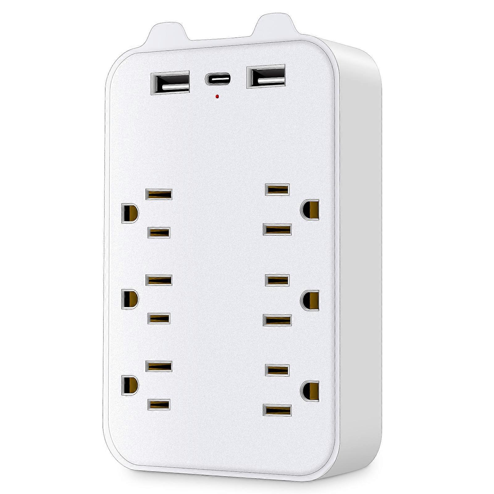9 in 1 Protector 6 Outlet Extender with 3 Type B Ports Power Strip Socket Wall Adapter Spacer Plug