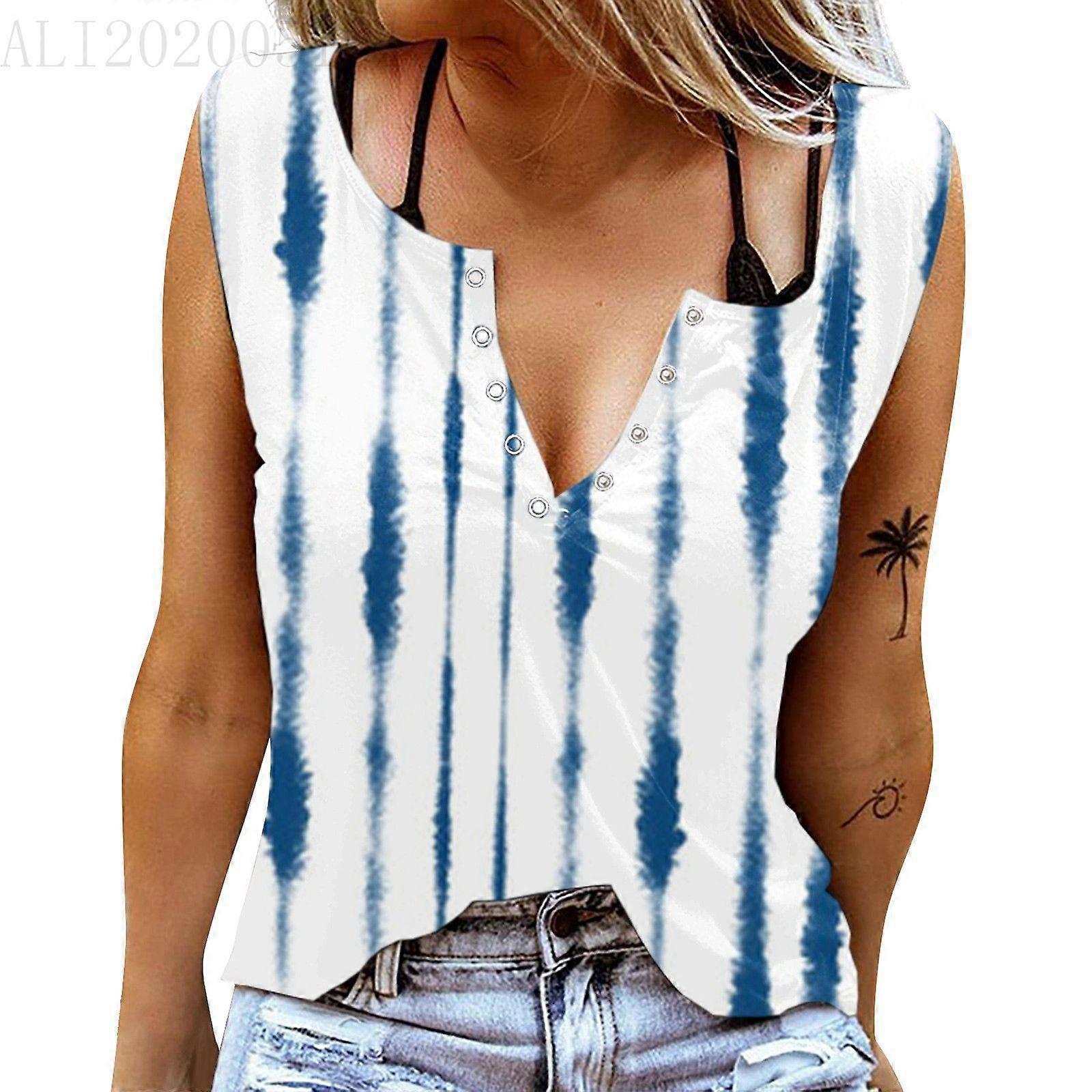 Regata feminina sexy com decote em V, sem mangas, para o verão, com estampa 3D de listras verticais azuis.