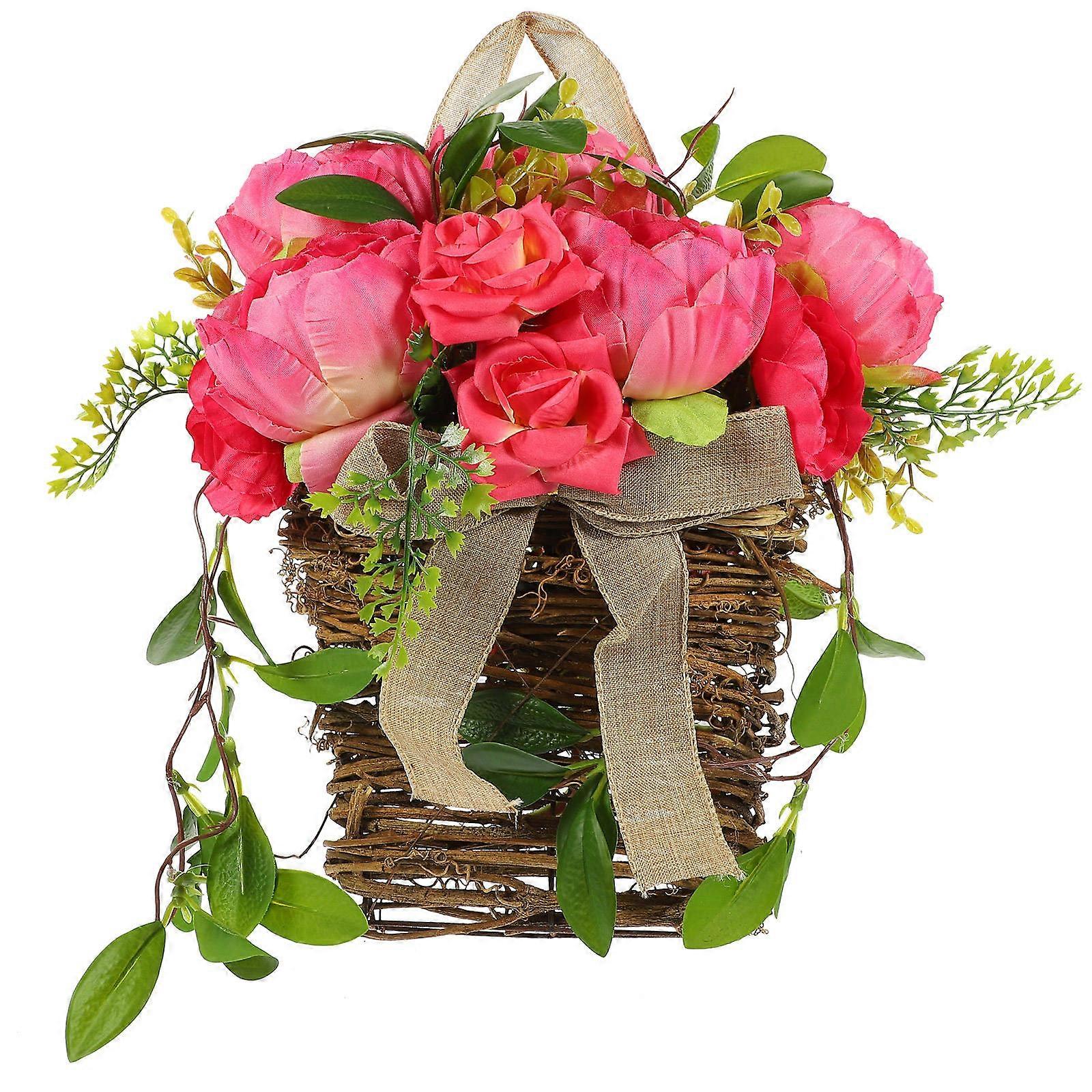 Spring Artificial Flowers in the Basket Front Porch Decor Pink 40x25x9cm Home Decor 1Set