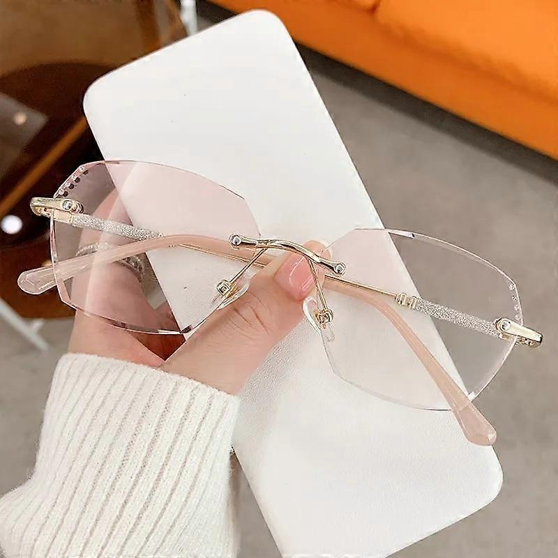 Women's Trendy Diamond Cut Reading Glasses Blue Light Blocking Gradient Far Sight Eyeglasses Unisex Female Retro Rimless Eyewear