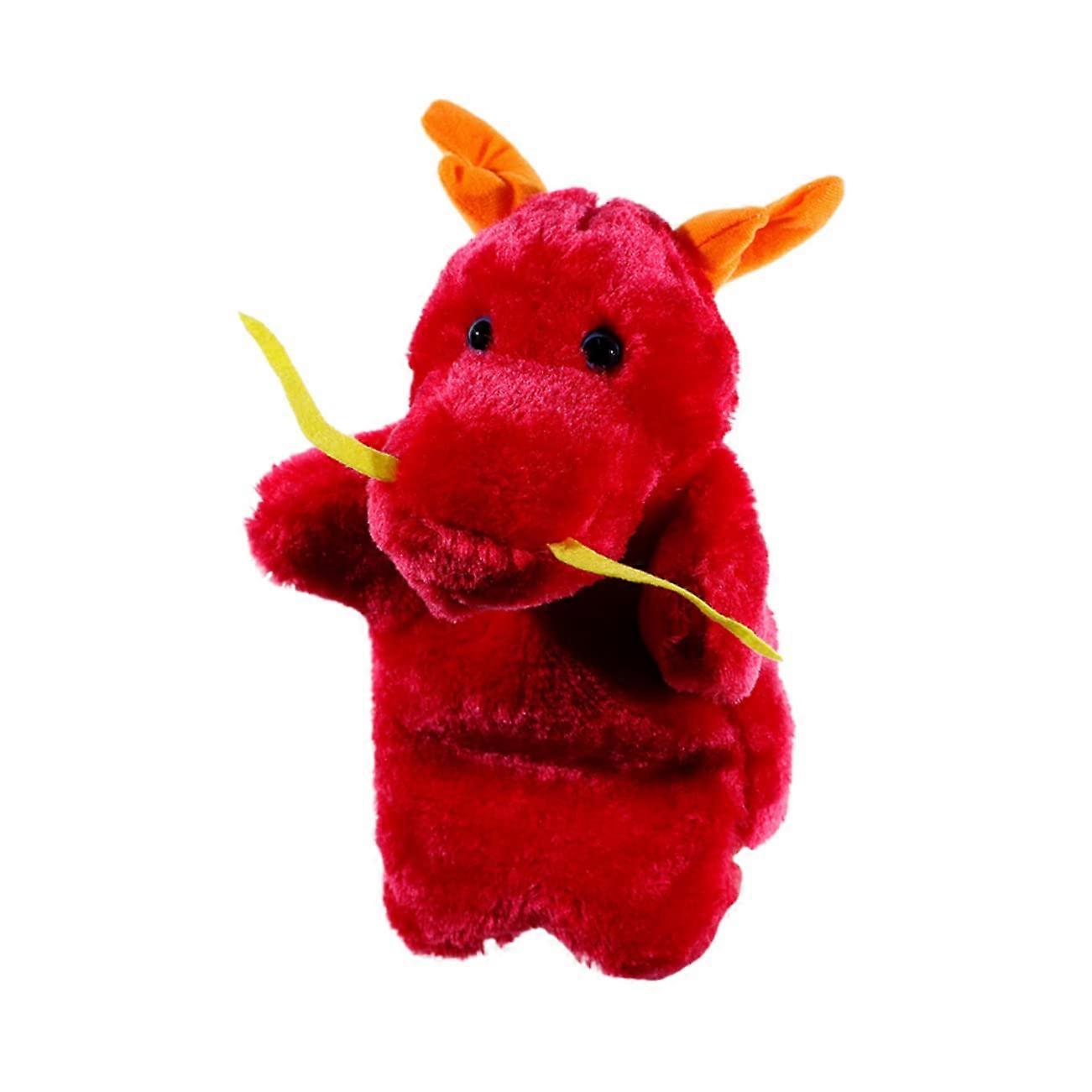 Plush hand puppet in the design of a Chinese dragon for storytelling and roleplaying, interactive, promotes creativity and communication.