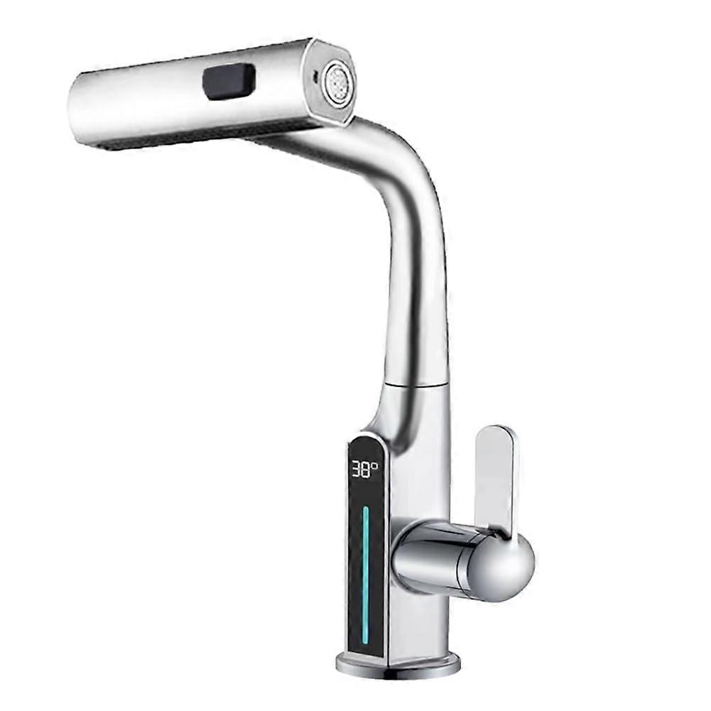 Temperature digital display, waterfall basin faucet, pullout faucet, liftable downwardfacing spray nozzle, hot and cold water, basin mixer