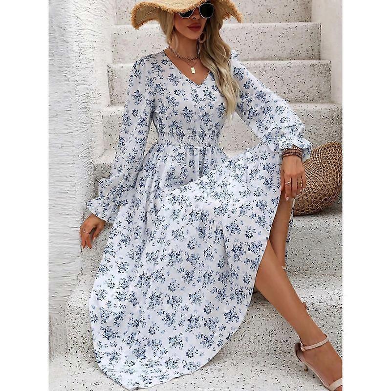Fall Women's Printed V-Neck Long Sleeve Hem Dresses