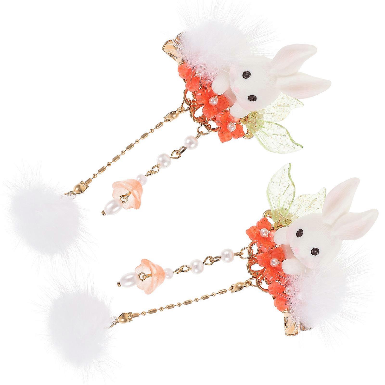 Bunny Hairpins Tassel Pompom Shape Retro Style Party Travel Multi Color Metal 1Pair