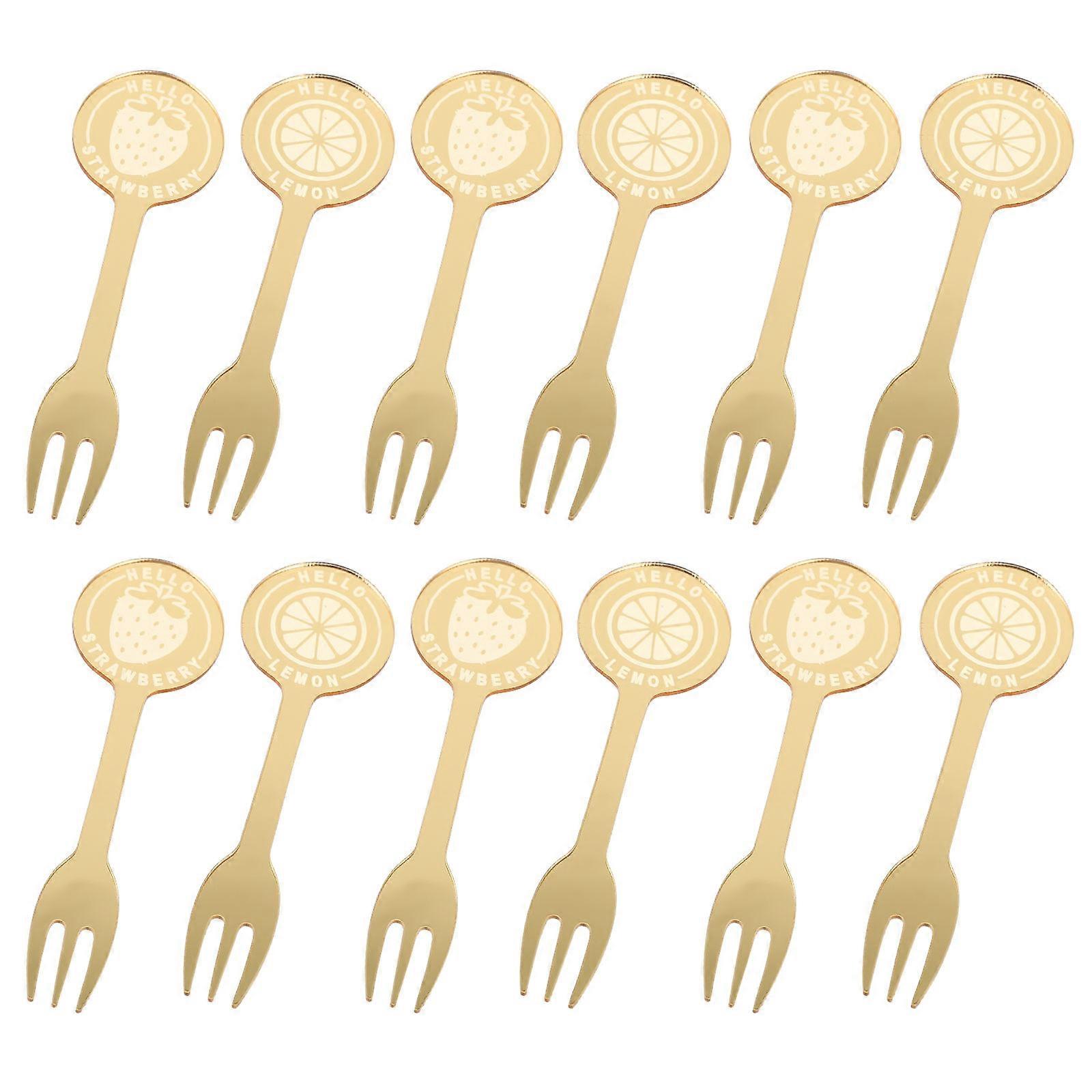 水果叉 12 件亚克力蛋糕叉多功能日常生活沙拉使用金色精细工艺