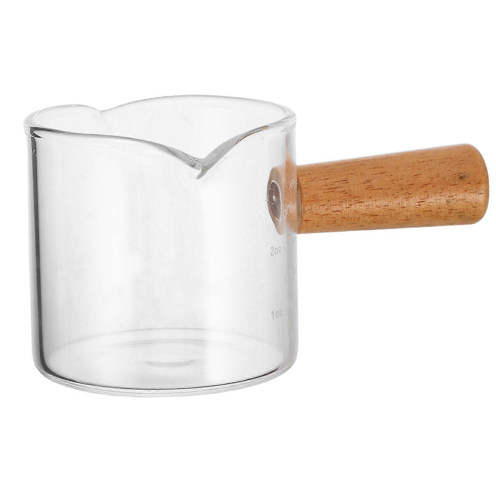 Espresso Double Spouts Glass Measuring Cup with Wooden Handle for Precision Coffee Pouring 100ml