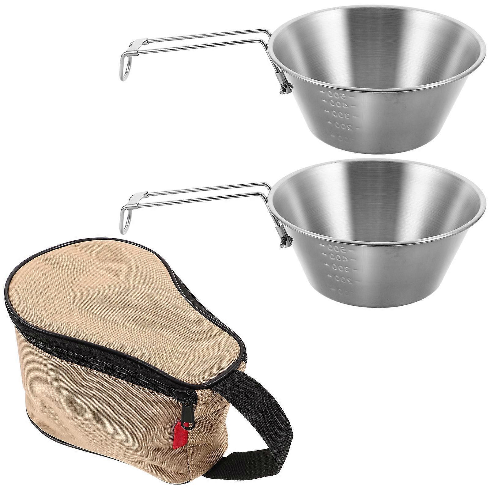 Stainless Steel Camping Bowl Set with Oxford Cloth Carry Bag for Outdoor Cooking and Dining Assorted Color 500ML