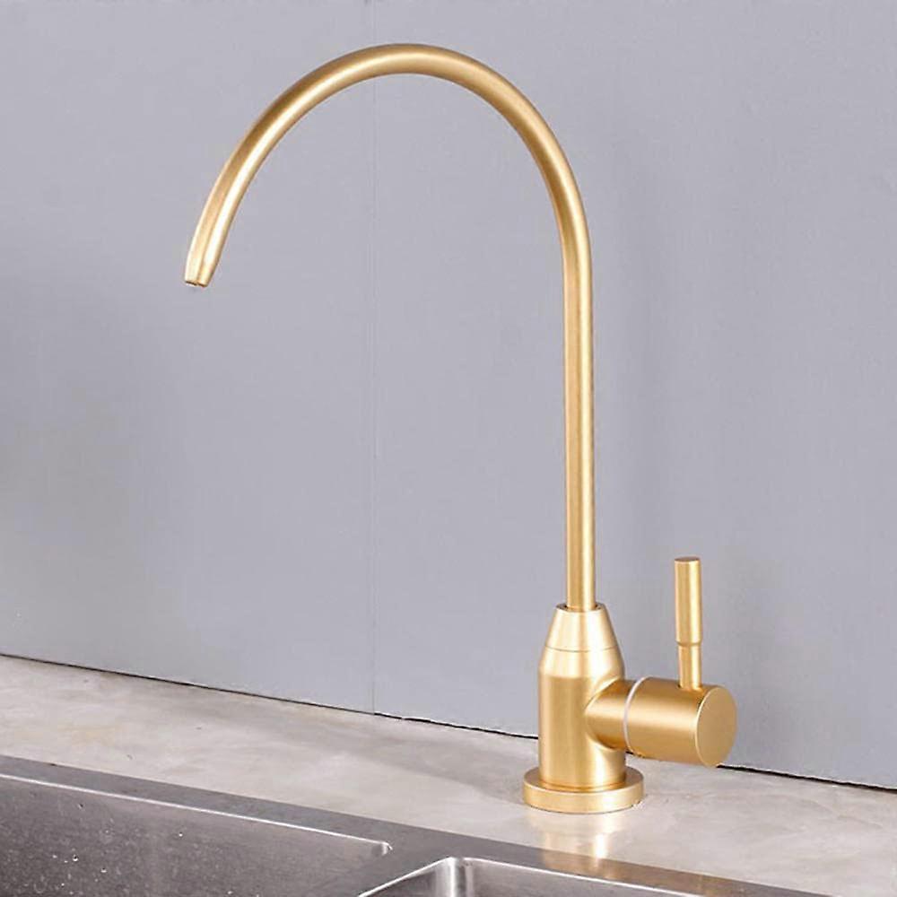 Goldcolored stainless steel straight drinking faucet for water filter systems.