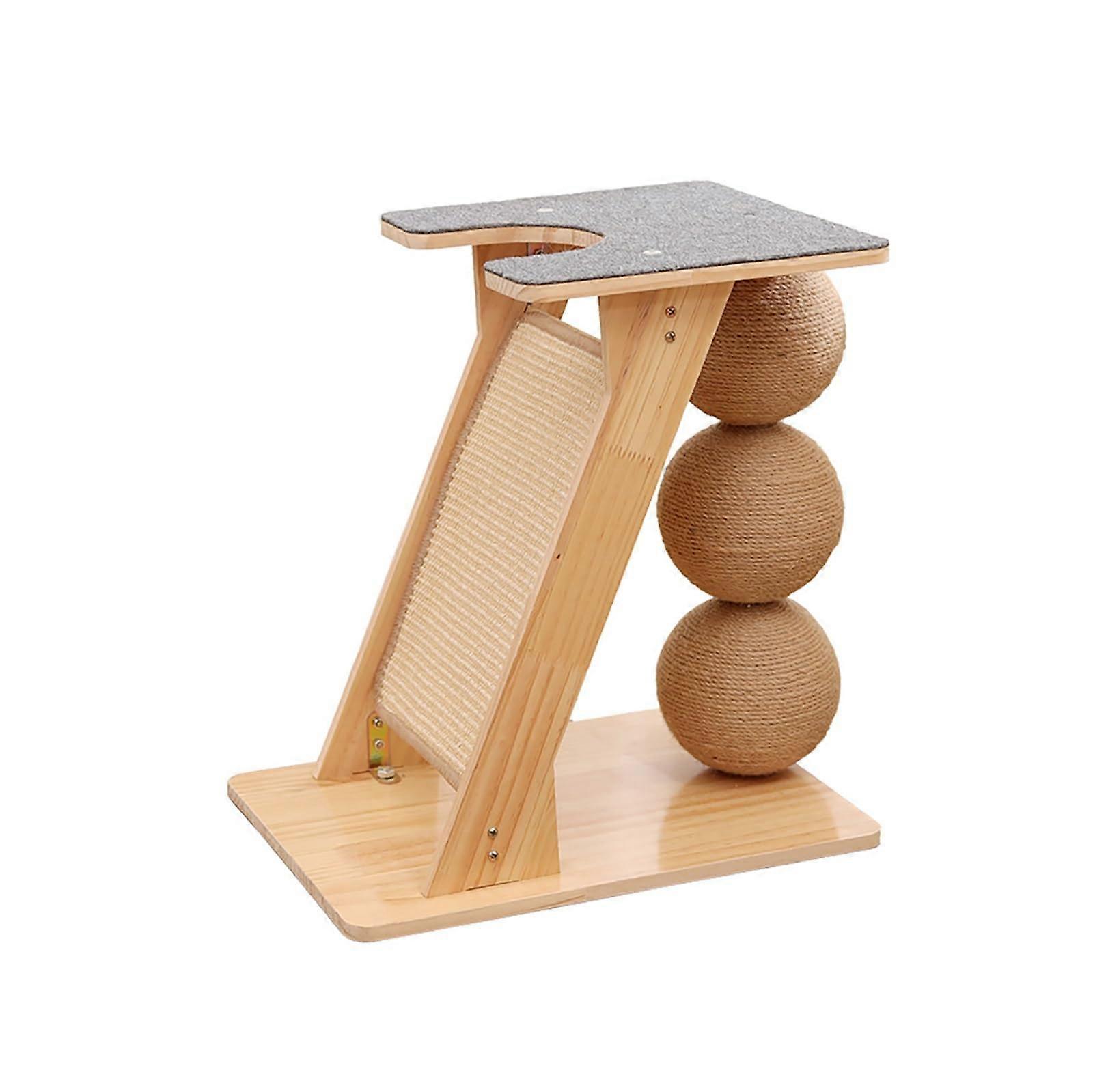 Solid wood scratching post (44x34x19cm) – Sisal ramp, felt rest 3ball toy – Sturdy platform for cats