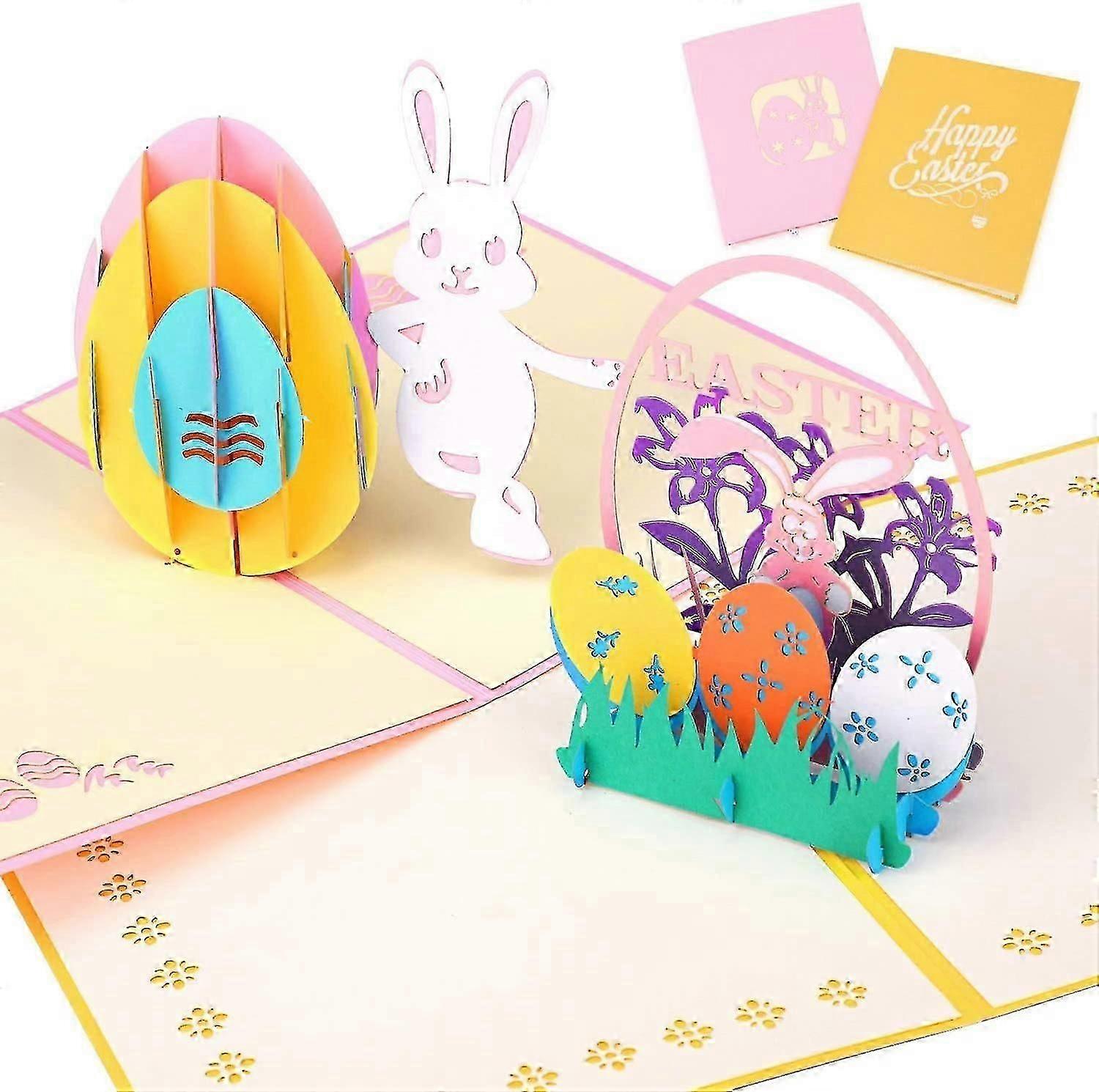 2 Pack Happy Easter Greeting Cards, Easter Bunny Flower Card 3d Egg Pop Up Easter Card With Envelope