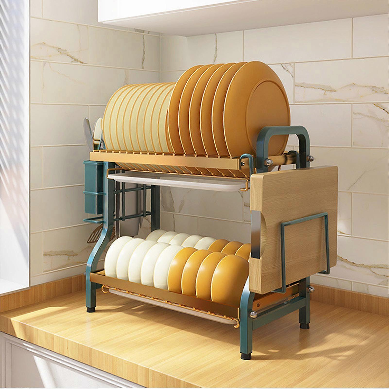 Large 2-Tier Iron Dish Drying Rack with Drain Board, Rust-Resistant