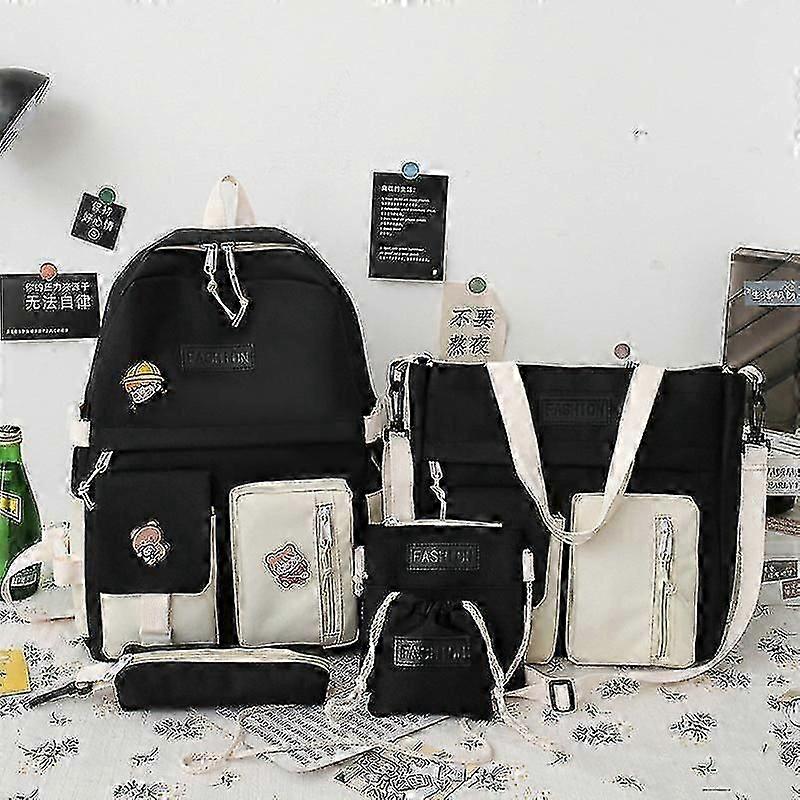 School Student Backpack College Bookbag Travel Bag Five-piece Set Contrast Color Canvas Campus