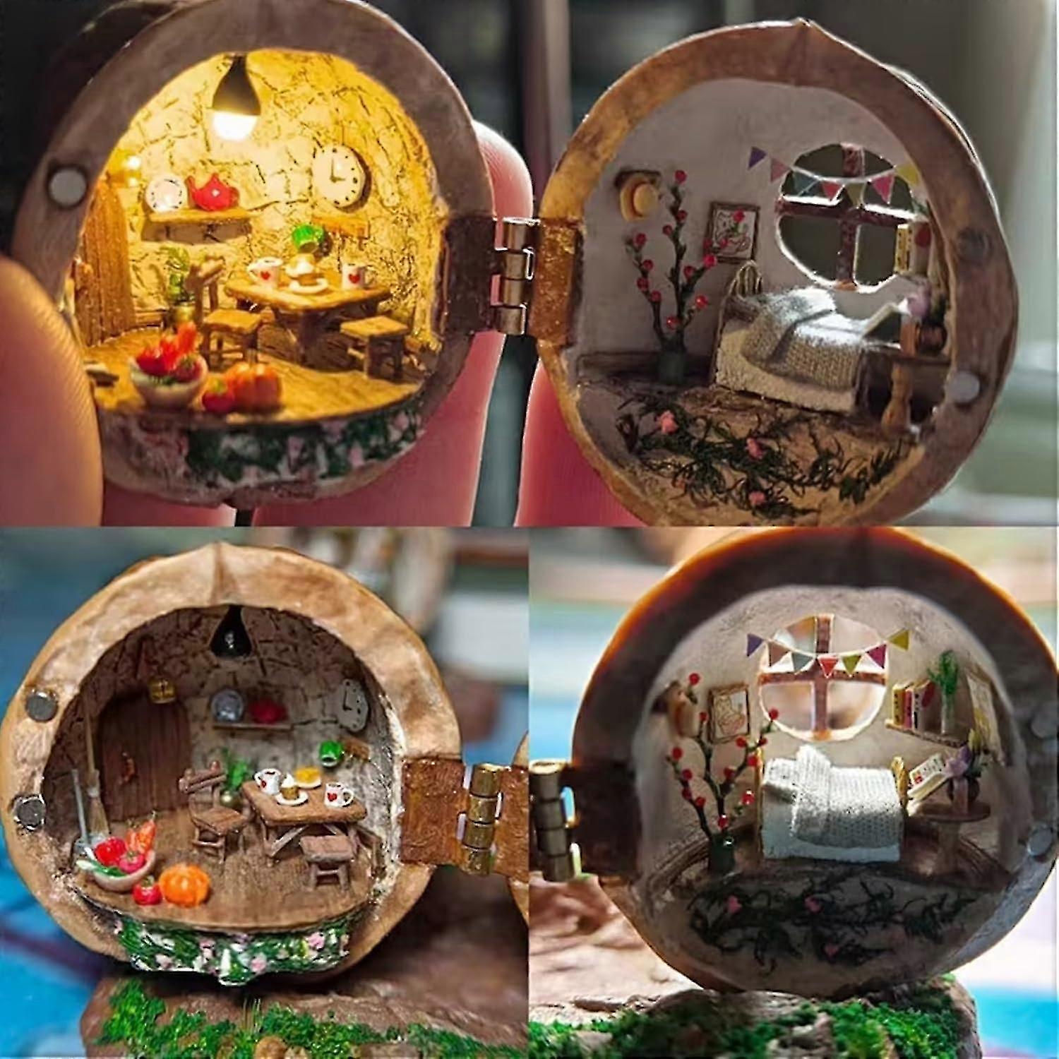 Handgemaakte walnoot Shell Doll House Mini bibliotheek - Tiny World Inside walnoten, hars miniatuur poppenhuis