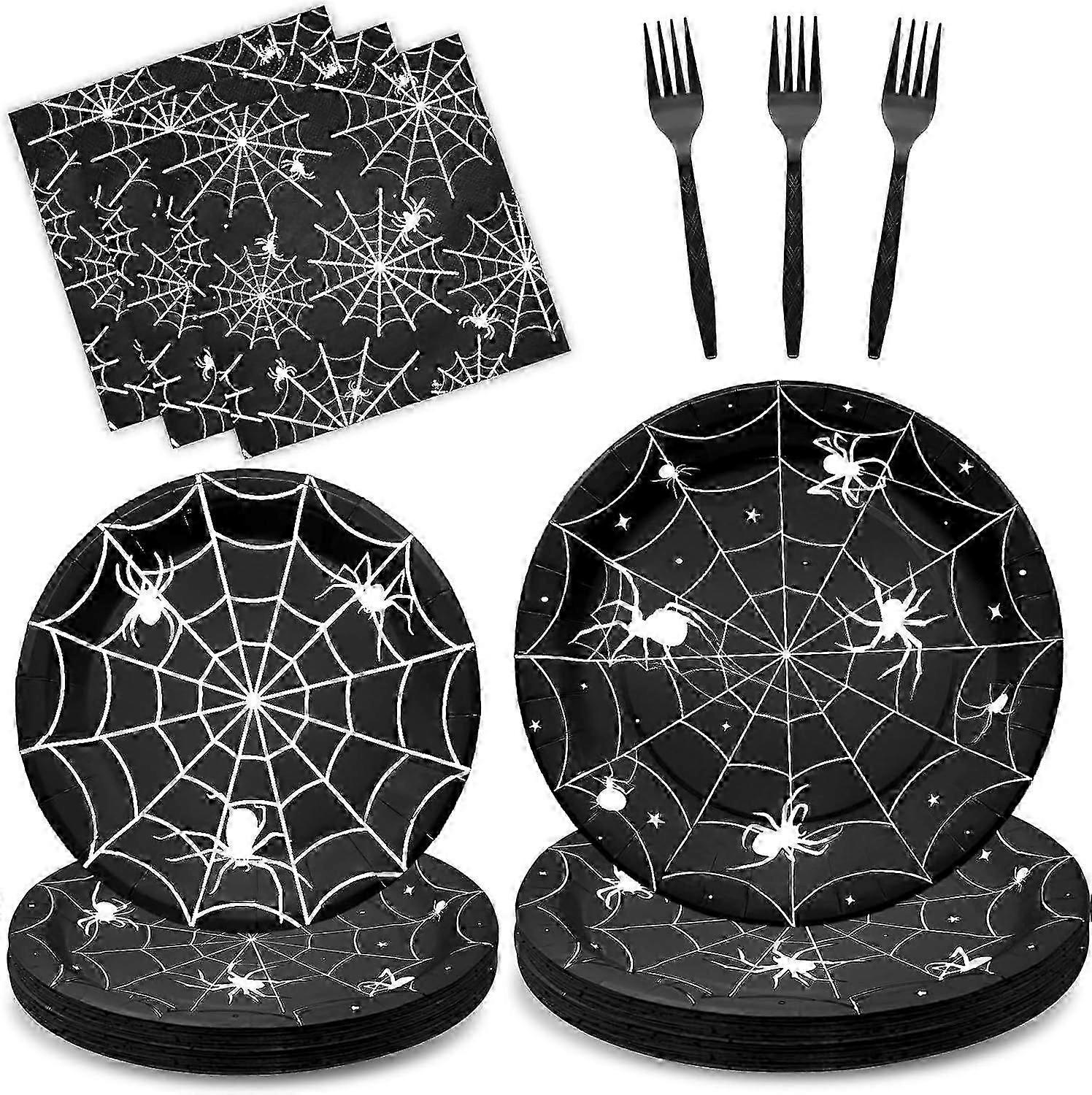 96-Piece Halloween Spider Web Disposable Cutlery Set with Paper Plates, Napkins,