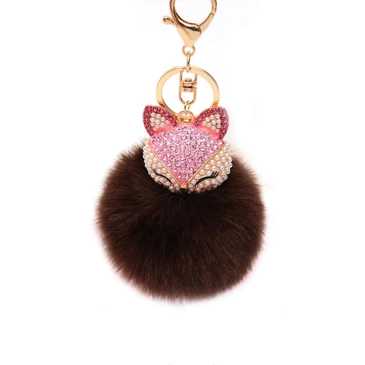 Fluffy Ball Keychain Rhinestone Key Ring for Womens Bag Brown