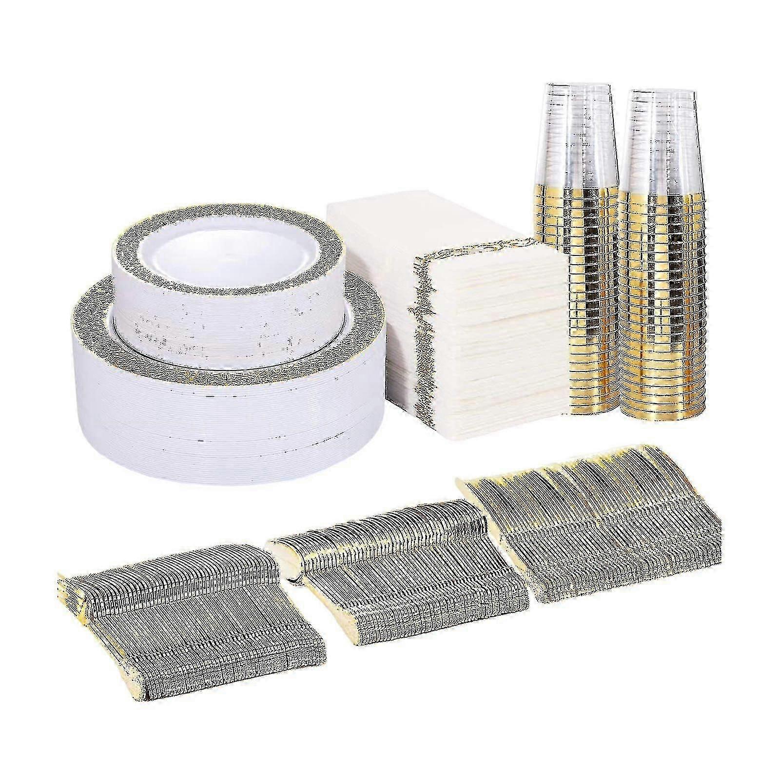 175x Disposable Tableware Plastic Plate For Catering Wedding Gold Rim