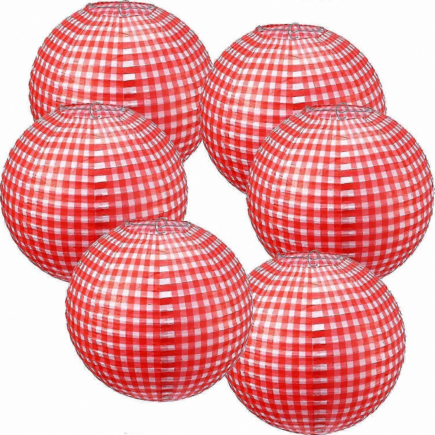 6 Pieces Checkered Red and White Paper Lanterns for Picnic BBQ Party Decorations Round Hanging Lanterns for Pizza Themed Events