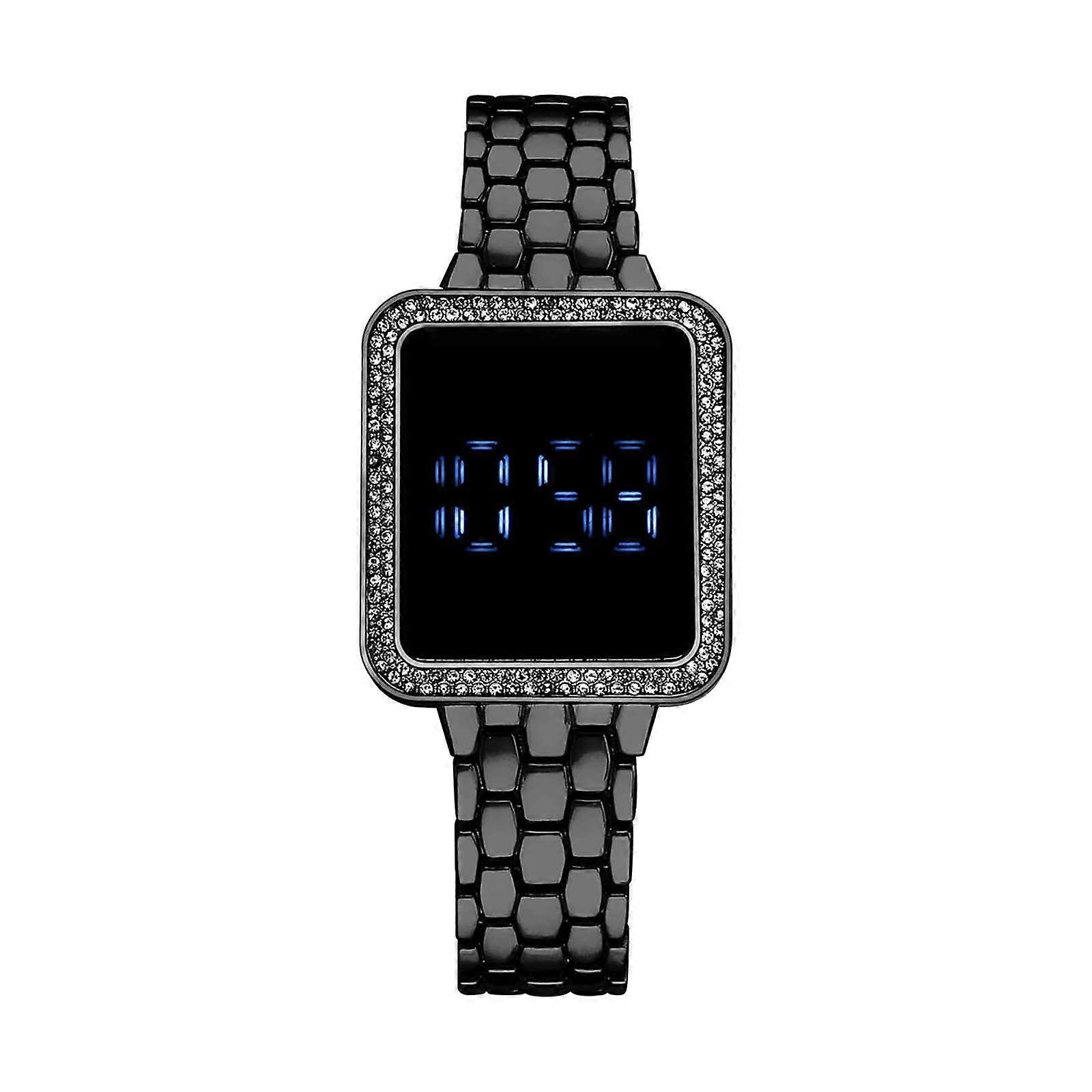 LED Display Watch Leather Strap Large Screen Black One Size